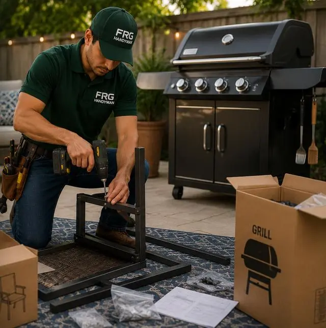 Technician assembling patio furniture beside a grill