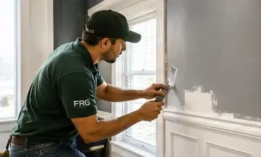 Technician patching and painting a wall
