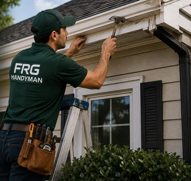 Technician repairing exterior fascia from a ladder