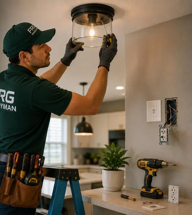 Technician replacing a ceiling light fixture