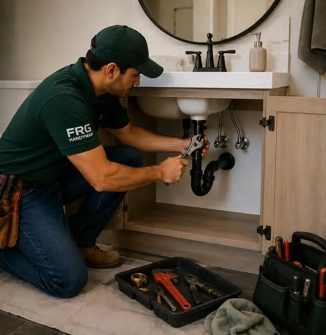 Technician repairing a bathroom sink drain
