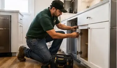 Technician repairing a kitchen cabinet